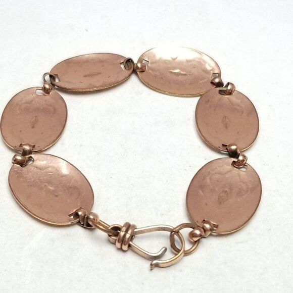 Vintage Stamped Copper Panel Disc Link Bracelet, Southwestern Style, Hook Clasp - Picture 3 of 6